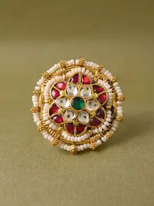 JAYPORE Gold-Plated Stones-Studded & Pearls Beaded Finger Ring