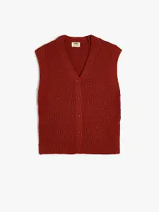 Koton Girls Self Design Cotton V - Neck Sweater Vest