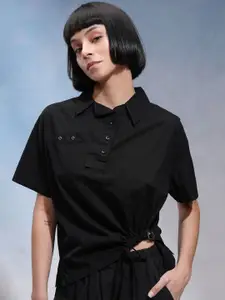 Tokyo Talkies Women Spread Collar Solid Cotton Relaxed Fit Casual Shirt