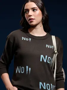 Tokyo Talkies Women Typography Ribbed Pullover