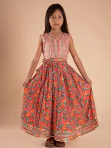 Sangria Girls Floral Printed Pure Cotton Lehenga With Choli Set