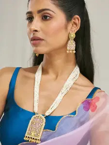 Yinara 22K Gold-Plated Pearl Strings Pink Enamel Pendant with Floral Motifs Necklace Set