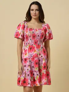 Allen Solly Woman Floral Print Smocked Fit & Flare Dress