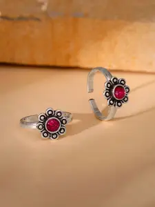 GIVA 925 Sterling Silver Silver-Plated Stone Studded Oxidised Toe Rings