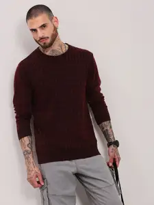 SHOWOFF Men Cotton Self Design Cable Knit Pullover Sweater