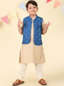 Fabindia Boys Ethnic Motifs Printed Mandarin Collar A-Line Kurta With Nehru Jacket