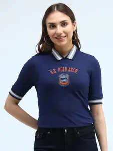U.S. Polo Assn. Women Typography Printed Polo Collar Cotton T-shirt