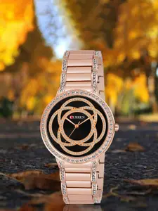 Curren Women Brass Embellished Dial Reset Time Analogue Watch CR-3480-Rose-Black