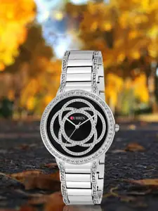 Curren Women Embellished Dial Stainless Steel Analogue Watch CR-3480-Slvr-Black