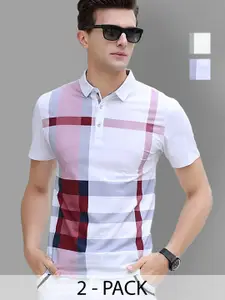 AUSK Men Pack Of 2 Checked Polo Collar Slim Fit Cotton T-shirts