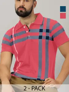 AUSK Men Pack Of 2 Checked Polo Collar Cotton T-shirts