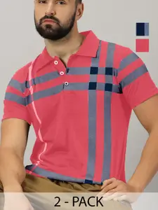 AUSK Men Pack Of 2 Checked Polo Collar Slim Fit Cotton T-shirts
