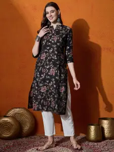 Anouk Floral Printed Chanderi Silk Straight Kurta