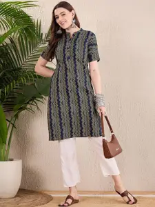 Anouk Mandarin Collar Chevron Printed Straight Cotton Kurta