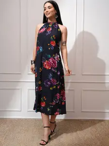 Vishudh Women Floral Printed Halter Neck A-Line Midi Dress