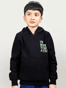 YOUMAA Boys Typography Printed Hooded Sweatshirt