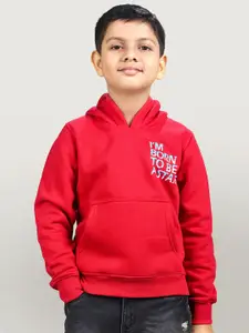 YOUMAA Boys Typography Printed Hooded Pullover Sweatshirt