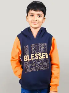 YOUMAA Boys Typography Printed Hooded Pullover Sweatshirt