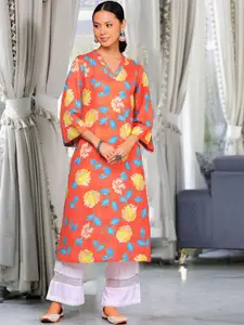 Varanga Orange Floral Printed V-neck Three-Quarter Flared Sleeves A-Line Kurta