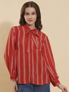 Murcia Women Mandarin Collar Vertical Striped Relaxed Fit Casual Shirt