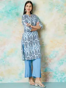 Melange by Lifestyle Geometric Printed Mandarin Collar Cotton Straight Kurta