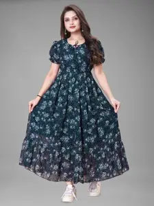 BAESD Women Floral Print Keyhole Neck Puff Sleeve Georgette Maxi Dress