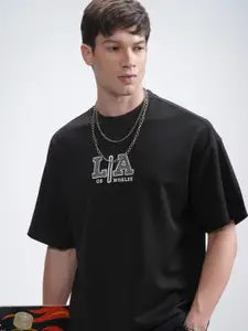 HIGHLANDER Men Round Neck Half Sleeve Oversized Embellished T- Shirt