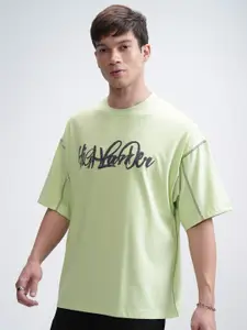 HIGHLANDER Men Lime Round Neck Half Sleeve Cut and Sew Oversized Embellished T-Shirt