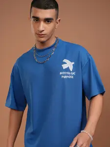 HIGHLANDER Men Round Neck Half Sleeve Oversized Embroidered T-Shirt with Embroidery