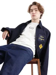 RARE RABBIT Men Spread Collar Typography Printed Cotton Casual Denim Jacket