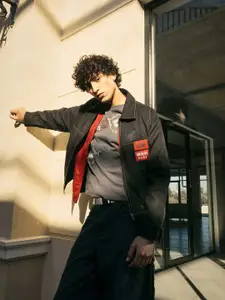 RARE RABBIT Men Spread Collar Typography Embroidered Cotton Casual Denim Jacket