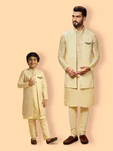KISAH Mandarin Collar Pastels Straight Kurta with Churidar & Nehru Jacket