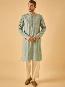 House of Pataudi Geometric Printed Mandarin Collar Straight Kurta