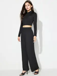 Kotty Black Round Neck Crop Top With Trouser