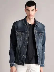 Cantabil Men Spread Collar Washed Self Design Cotton Casual Denim Jacket