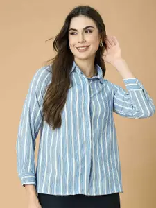 Fashfun Women Spread Collar Vertical Striped Cotton Casual Shirt