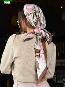 ODETTE Women Printed Beige Satin Printed Scarf