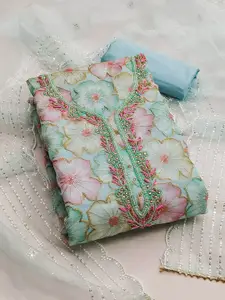 Maroosh Floral Embellished Beads and Stones Organza Unstitched Dress Material