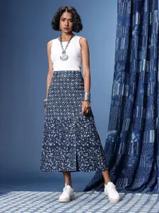 Taavi Indigo Geometric Printed Flared Pure Cotton Skirt