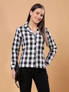 SCORPIUS Women Classic Cuban Collar Shepherd Checked Cotton Formal Shirt