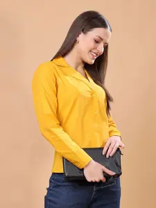 SCORPIUS Women Classic Fit Cuban Collar Solid Cotton Formal Shirt