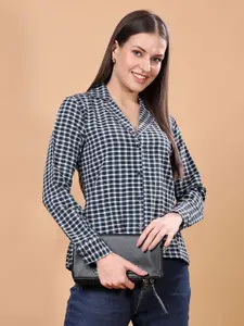 SCORPIUS Women Classic Cuban Collar Gingham Checked Cotton Formal Shirt