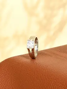 TOUCH925 Men 925 Pure Silver Cubic Zirconia Stone Studded Square Finger Ring