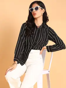 Fashfun Women Spread Collar Vertical Striped Relaxed Fit Casual Shirt