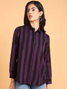 Fashfun Women Spread Collar Vertical Striped Relaxed Fit Casual Shirt
