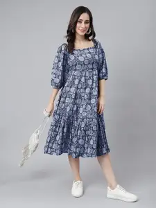 Janasya Floral Print Puff Sleeve Fit & Flare Midi Dress