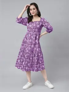 Janasya Floral Print Puff Sleeve Fit & Flare Midi Dress