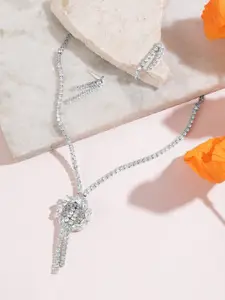 MANSIYAORANGE Rhodium Plated AD Gemstone-Studded Necklace With Earrings