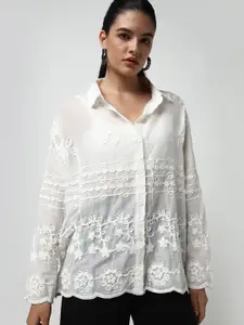 SHOWOFF Women Comfort Spread Collar Solid Cotton Relaxed Fit Casual Shirt