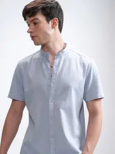 HIGHLANDER Men Band Collar Solid Cotton Casual Shirt